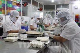 Работники производят жареные спринг-роллы на пищевом предприятии Kim Ngoc Food в квартале Танан провинции Тайнинь. (Фото: ВИА) 