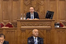 Посол Вьетнама в Венгрии Буй Ле Тхай (на заднем плане) выступает на шестом Азиатско-Европейском политическом форуме в Венгрии. (Фото: ВИА) 