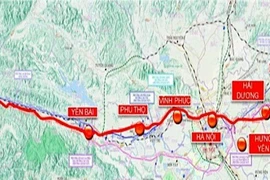 Карта с изображением железной дороги Лаокай - Ханой - Хайфон общей протяженностью 388,35 км, проходящей через девять населенных пунктов. (Фото: baodautu.vn)