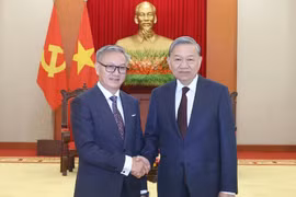 Генеральный секретарь партии То Лам (справа) принимает министра иностранных дел Лаоса Тхонгсавана Фомвихана в Ханое 13 февраля (Фото: ВИA)