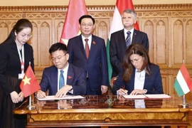 Министр юстиции Вьетнама Ле Тхань Лонг (слева) и его венгерский коллега Юдит Варга подписывают договор о сотрудничестве в присутствии председателя Национального собрания Выонг Динь Хюэ и его венгерского коллеги Ласло Ковера. (Фото: ВИА)
