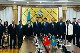 Делегаты на встрече заместителя председателя НС Вьетнама Нгуен Кхак Диня с заместителем председателя Сената Казахстана Жакипом Асановым (Фото: ВИA)