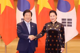 Председатель Национального собрания (НС) Нгуен Тхи Ким Нган (справа) приветствует спикера НС Республики Корея Пака Бён Сока в Ханое 2 ноября (Фото: ВИА)