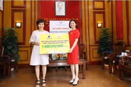 Представитель Aviva Vietnam передает пожертвование Обществу Красного Креста Вьетнама, чтобы помочь людям преодолеть трудности, вызванные COVID-19. (Фото любезно предоставлено Aviva Vietnam)