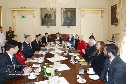 Генеральный секретарь, Президент государства То Лам и Президент Ирландии Майкл Хиггинс проводят переговоры в столице Дублине (Ирландия), 2 октября 2024 года. (Фото: ВИА)