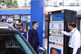 Сотрудники группы № 2 управления по контролю рынка при городском управлении по контролю рынка Ханоя осуществляют надзор за деятельностью автозаправочной станции компании Petrolimex на улице Чанкуангкхай в Ханое. (Фото: ВИА)
