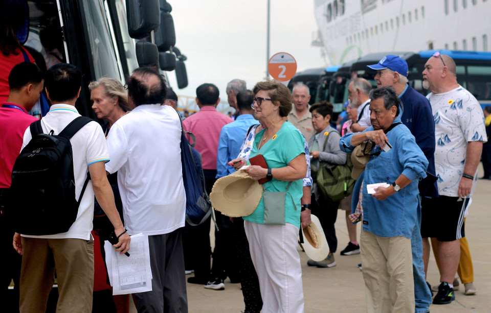 Туристы осматривают бухту Халонг по морскому маршруту. (Фото: ВИА)