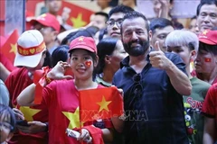 Иностранные туристы разделяют радость вместе с местными жителями в Ханое (Фото: ВИА)