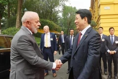 Президент Лыонг Кыонг (справа) приветствует президента Бразилии Лулу да Силву в Ханое утром 28 марта (Фото: ВИА)