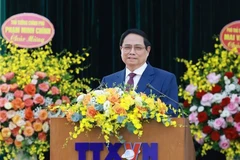 Премьер-министр Фам Минь Тьинь, член Политбюро, секретарь парткомитета правительства, выступает на 27-м съезде партийной организации ВИА срок 2025 - 2030 гг. (Фото: ВИА)