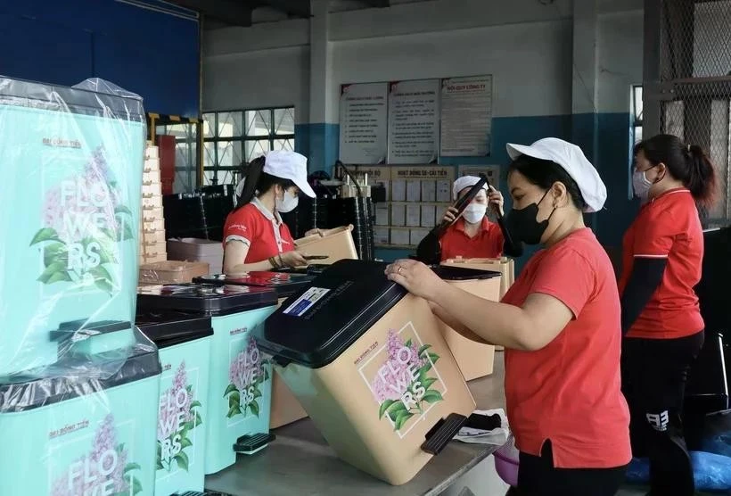 Рабочие пластиковой компании Dai Dong Tien в Хошимине маркируют и упаковывают продукцию. (Фото: ВИA)