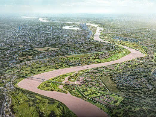 Перспективный вид на проект ландшафтного бульвара Красной реки в Ханое.
