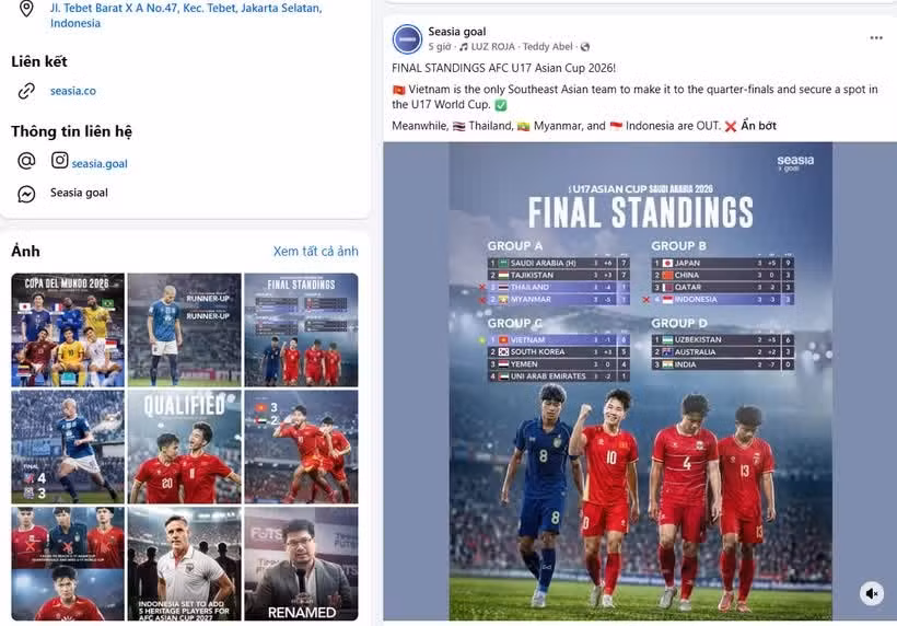 Индонезийский ресурс Seasia Goal обновляет информацию для болельщиков о матче Вьетнам - ОАЭ на своей странице в Facebook. (Фото: скриншот)