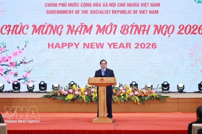 Премьер-министр Фам Минь Тьинь выступил с приветственной речью в честь дипломатического корпуса по случаю Нового 2026 года и традиционного праздника Тэт Биньнго. (Фото: ВИА).