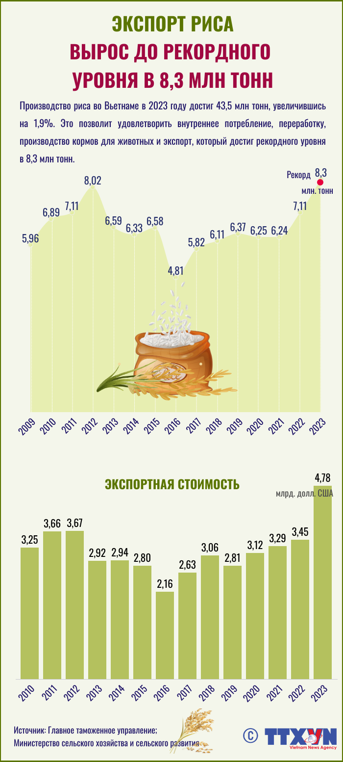 Экспорт риса вырос до рекордного уровня в 8,3 млн.тонн. ảnh 1 Экспорт риса вырос до рекордного уровня в 8,3 млн.тонн. ảnh 1