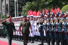Генерал Нгуен Тан Кыонг, начальник Генерального штаба Народной армии Вьетнама (НАВ) и заместитель министра национальной обороны, и генерал-майор Дато Падука Сери Фаджи Мухаммад Хасаими Бин Бол Хассан, командующий Королевскими вооруженными силами Брунея, обходят строй почетного караула Народной армии Вьетнама 17 сентября. (Фото: ВИA)