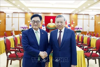 Генеральный секретарь То Лам проводит встречу с Председателем НС Республики Корея У Вон Шиком. (Фото: ВИА)