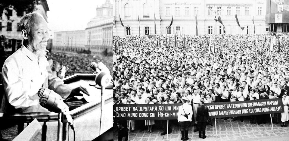 Президент Хо Ши Мин выступил на митинге по случаю его официального дружественного визита в Болгарию (13 августа 1957 года) — визита, ставшего важной вехой в истории двусторонних отношений (Фото: ВИА)