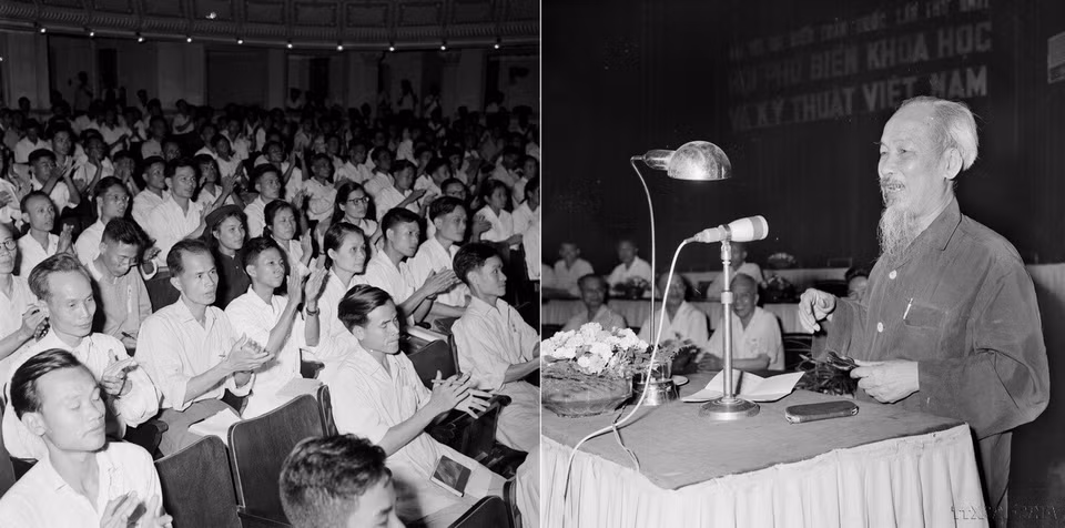 18 мая 1963 года Президент Хо Ши Мин присутствует и выступает на Первом всенародном съезде Общества по распространению научно-технических знаний Вьетнама, проходившем в Ханое с 15 по 19 мая 1963 года (Фото: ВИА)