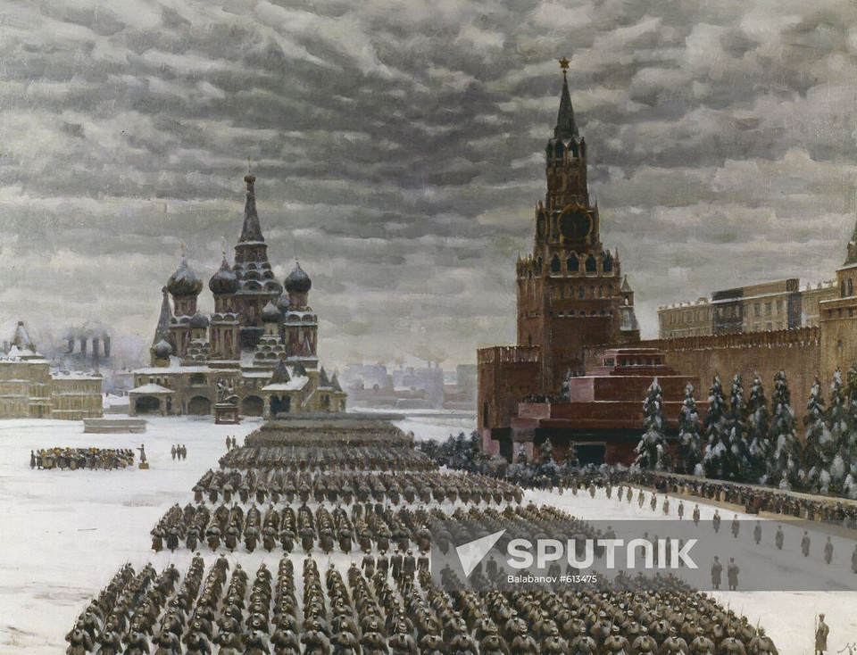 Репродукция картины «Парад на Красной площади в Москве 7 ноября 1941 года» (1949) художника Константина Юона (1875–1958). Холст, масло. Государственная Третьяковская галерея (Фото: Спутник)