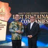 Генеральный директор VinFast Indonesia Кариянто Харджосумарто (слева) получил награду на мероприятии.