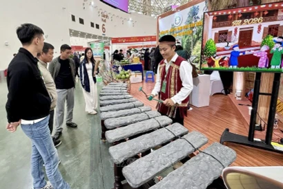 Посетители с интересом знакомятся с каменным музыкальным инструментом на стенде провинции Донгнай. (Фото: ВИА)