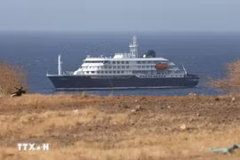Туристическое судно MV Hondius, на борту которого были выявлены случаи заражения смертельно опасным вирусом Ханта, стоит на якоре у побережья столицы Прая, Кабо-Верде, 4 мая 2026 года. (Фото: Синьхуа/ВИА)