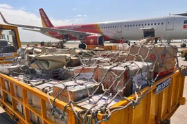 Гуманитарные грузы для пострадавших от наводнений на специализированных автомобилях аэропорта Катби. Фото: ВИА.