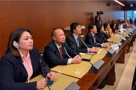  Заместитель главы вьетнамской делегации в Женеве Кунг Дык Хань (четвертый слева) и члены межведомственной вьетнамской делегации во время голосования по резолюциям. (Фото: ВИA) 