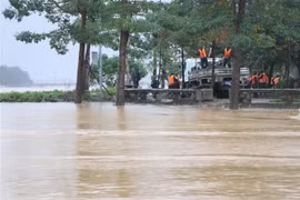 Уровень воды в реке Хыонг в городе Хюэ продолжает повышаться, в то время как работы по ликвидации последствий предыдущего наводнения всё ещё продолжаются во второй половине дня 2 ноября. (Фото: ВИА) 