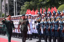Генерал Нгуен Тан Кыонг, начальник Генерального штаба Народной армии Вьетнама (НАВ) и заместитель министра национальной обороны, и генерал-майор Дато Падука Сери Фаджи Мухаммад Хасаими Бин Бол Хассан, командующий Королевскими вооруженными силами Брунея, обходят строй почетного караула Народной армии Вьетнама 17 сентября. (Фото: ВИA)