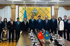Делегаты на встрече заместителя председателя НС Вьетнама Нгуен Кхак Диня с заместителем председателя Сената Казахстана Жакипом Асановым (Фото: ВИA)