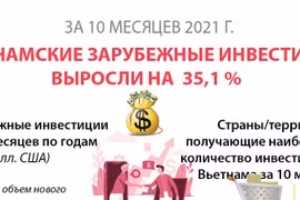 За 10 месяцев вьетнамские зарубежные инвестиции выросли на 35,1%