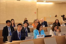 Посол Ле Тхи Тует Май (в синем пиджаке), глава Постоянного представительства Вьетнама при ООН, ВТО и других международных организациях в Женеве, и вьетнамская делегация на мероприятии. (Фото: ВИA) 