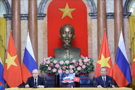 Президент Вьетнама То Лам и Президент Российской Федерации Владимир Путин на совместной пресс-конференции. (Фото: ВИА)
