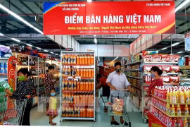 Уголок для продажи вьетнамских продуктов в супермаркете Lan Chi Ly Nhan в районе Линян, провинция Ханам. (Фото: ВИA)