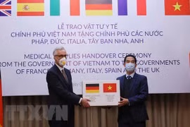 Заместитель министра иностранных дел То Ань Зунг (справа) передает помощь послу Германии во Вьетнаме Гидо Хильднеру (Фото: ВИА)