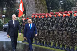 Президент Швейцарии Гай Пармелен (слева) и его вьетнамский коллега Нгуен Суан Фук проводят обзор почетного караула на церемонии встречи вьетнамского лидера в городе Берн 26 ноября. (Фото: ВИА)