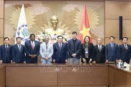Председатель Национального собрания Выонг Динь Хюэ сфотографировался с делегатами на память. (Фото: Зоан Тан/ВИА)