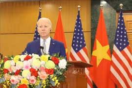 Президент США Джо Байден на пресс-конференции по итогам переговоров между ним и генеральным секретарем ЦК КПВ Нгуен Фу Чонгом (Фото: ВИA)