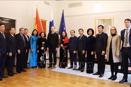 Член Политбюро, постоянный член Секретариата ЦК партии, руководитель Организационной комиссии комитета Чыонг Тхи Май (6-й слева) на встрече со спикером парламента Финляндии Юсси Халла-Ахо (7-й справа) 