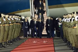 Премьер-министра Фам Минь Тьиня и вьетнамскую делегацию встречают в международном аэропорту Люксембург-Финдель утром 9 декабря. (Фото: ВИА)