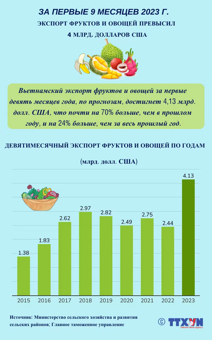 За 9 месяцев 2023 года экспорт овощей и фруктов превысил 4 млрд. долл. США ảnh 1