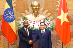 Председатель Национального собрания Чан Тхань Ман (справа) пожимает руку премьер-министру Эфиопии Абию Ахмеду Али. (Фото: ВИA)