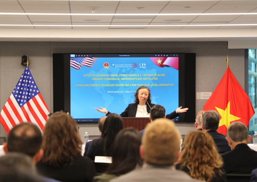 Профессор Нгуен Тхи Лиен Ханг, директор Института исследований Восточной Азии Weatherhead (Колумбийский университет, США), выступает на форуме. (Фото: ВИА)