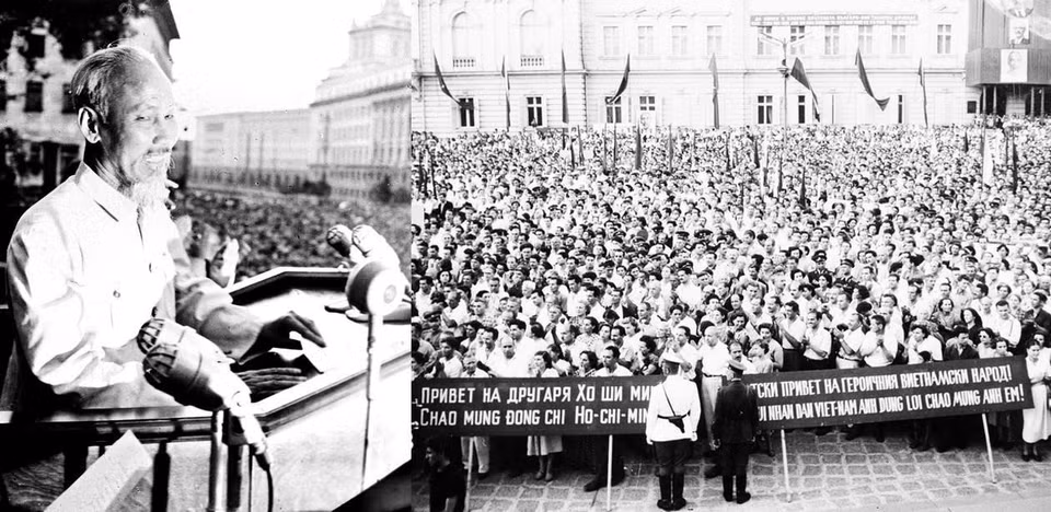 Президент Хо Ши Мин выступил на митинге по случаю его официального дружественного визита в Болгарию (13 августа 1957 года) — визита, ставшего важной вехой в истории двусторонних отношений (Фото: ВИА)