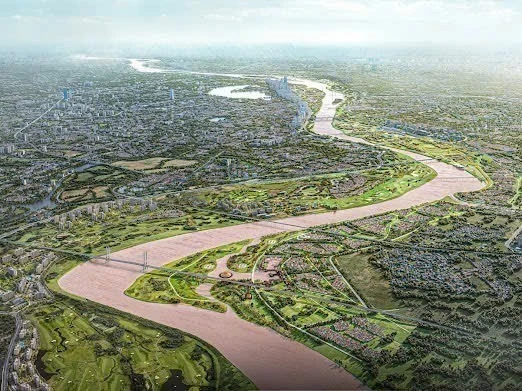 Перспективный вид на проект ландшафтного бульвара Красной реки в Ханое.