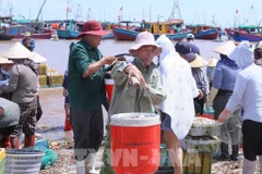 Жители переносят купленные ящики с морепродуктами на берег, чтобы доставить их на рынок Жаохай в общине Жаофук для реализации. (Фото: ВИА)