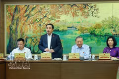 Генеральный секретарь, Президент государства То Лам и депутаты Национального собрания (НС) от города Ханоя обсуждают вопросы в группах. (Фото: ВИА)