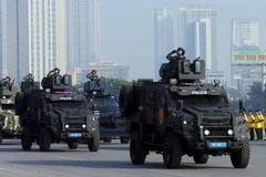 Колонна боевых и антитеррористических машин, а также бронеавтомобилей спецназа полиции участвует в параде специальной техники Министерства общественной безопасности на церемонии. (Фото: ВИА)